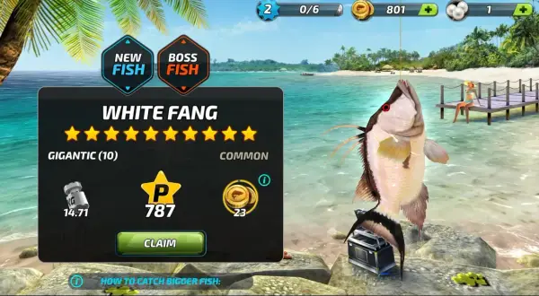 W grze Fishing Clash złowiono rybę White Fang. Gracz zdobył 787 punktów i 23 monety.