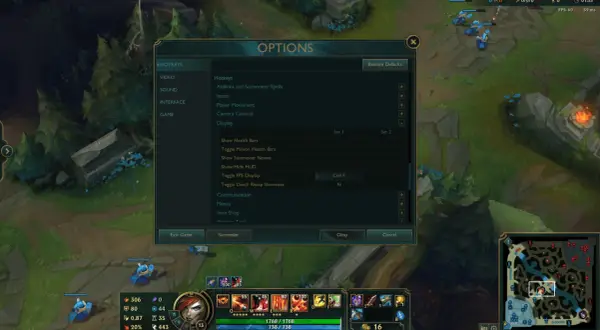 Ustawienia gry League of Legends, zakładka "Hotkeys". Aby włączyć FPS w lolu, znajdź opcję "Toggle FPS Display" i ustaw skrót klawiszowy.