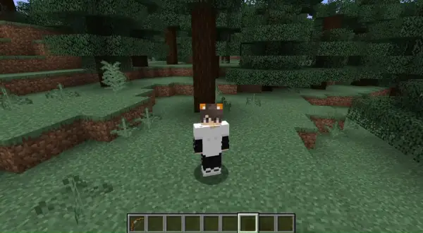 Postać w grze Minecraft, ubrana w białą bluzę i czarne spodnie, z kocimi uszami na głowie, stoi w lesie. Czeka na komendę na niewidzialność.