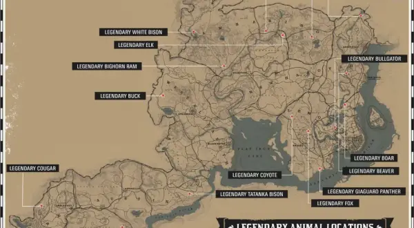 Mapa z zaznaczonymi lokalizacjami legendarnych zwierząt w RDR2: wilk, łoś, niedźwiedź grizzly, bóbr, dzik, puma, kojot, jeleń, bizon, jeleń, muflon, lis, pantera.