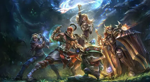 Pięć postaci z gry League of Legends, w tym Lee Sin i Lux, gotowych do walki. Tysiące graczy codziennie gra w lola.