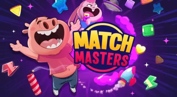 Wesoły prosiak i króliczek świętują w grze Match Masters, gdzie czekają darmowe prezenty i mnóstwo zabawy!