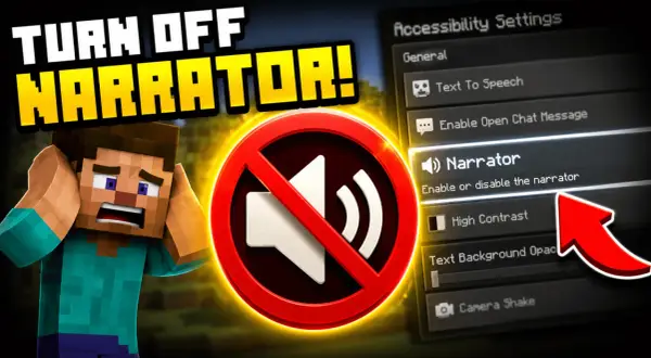 Jak wyłączyć narratora w Minecraft. Steve jest przerażony, a na ekranie widać menu ustawień dostępności z podświetloną opcją "Narrator".