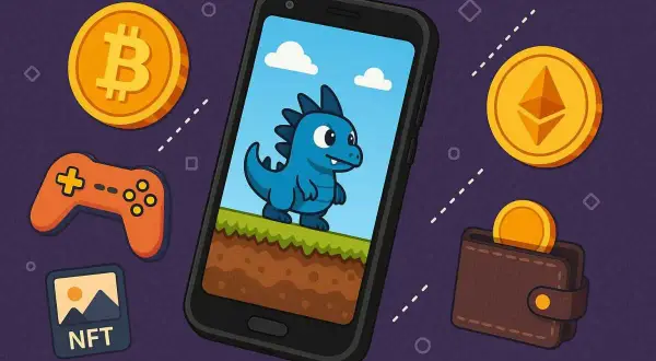 Smartfon z uroczą postacią z gry, obok ikony NFT, kontrolera, portfela z monetami i symboli kryptowalut. To wizualizacja zarabiania na grach.