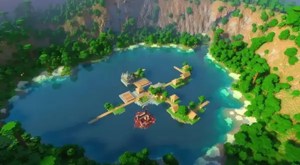 Wspaniałe seedy do Minecraft: wyspa z wioską na wodzie, otoczona bujną dżunglą i klifami. Idealne miejsce na przygodę!
