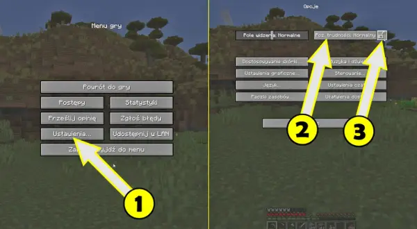 Jak zmienić poziom trudności w Minecraft komendą: kliknij "Ustawienia" (1), potem "Poz. trudności" (2, 3) i wybierz pożądany poziom.