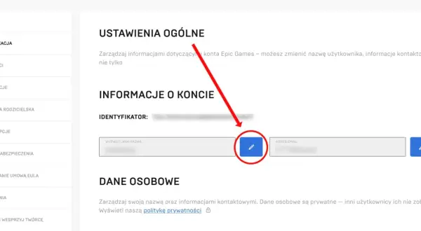 Zmiana nicku Fortnite w ustawieniach konta Epic Games. Kliknij ikonę edycji obok wyświetlanej nazwy, aby zmienić swój nick.