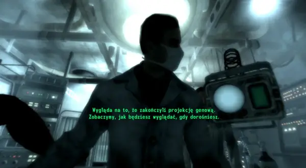 Włączając spolszczenie do Fallout 3 GOTY, widzimy naukowca w masce, który komentuje projekt genowy.