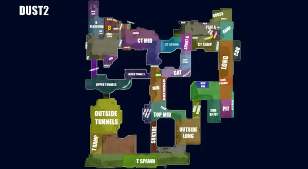 Mapa Dust2 z zaznaczonymi miejscówkami. Od T Spawn po B Platform, przez CT Mid i Long, każdy gracz znajdzie tu swoje ulubione miejscówki.