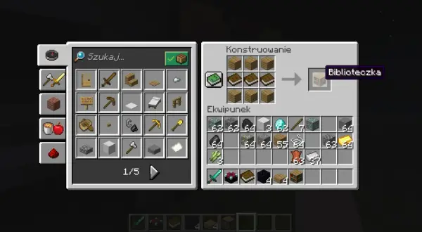 Jak zrobić książkę z piórem w Minecraft? W crafting table ułóż 3 deski i 3 księgi, by stworzyć biblioteczkę.