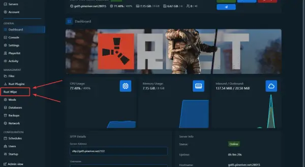 Panel administracyjny serwera Rust, opcja "Rust Wipe" podświetlona.