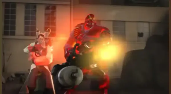 Medic TF2 z bronią, obok niego potężny Heavy w czerwonym stroju, obaj w ogniu walki.