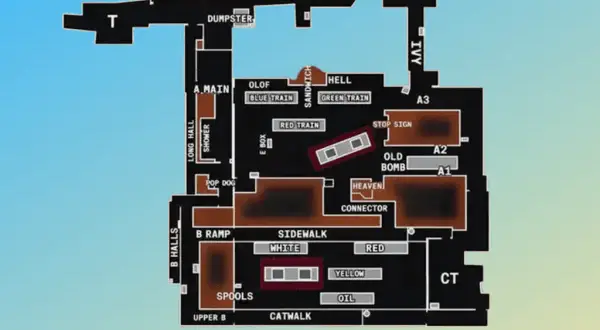 Mapa z nazwami lokacji, np. "Red Train", "Blue Train", "Hell", "Heaven". Użyteczne do komunikacji w grze, czyli train callouts.