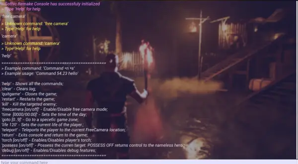 Konsola Gothic Remake wyświetla komendy, w tym te z kroniki Myrtany, pomagając graczowi w nawigacji i debugowaniu.