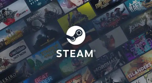 Tło z okładkami gier Steam, logo Steam i napisem "STEAM". Wiele tytułów, jak widać, ile jest gier na Steam.