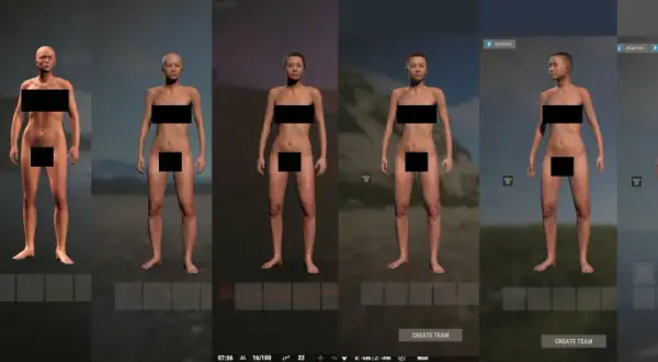 Postacie z gry Rust, prezentujące różne modele i opcje tworzenia postaci.