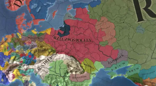 Mapa Europy z gry Europa Universalis 4. Widoczna Rzeczpospolita, Austria, Czechy i inne państwa. Spolszczenie gry dodaje polskie nazwy.