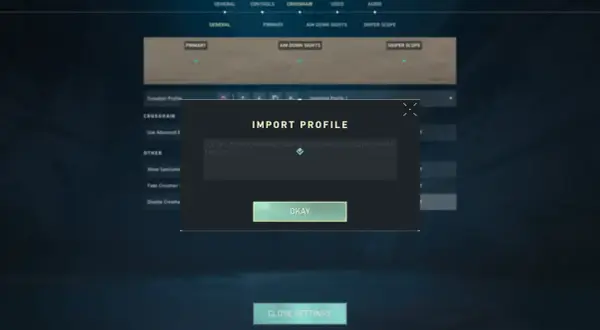 Okno "IMPORT PROFILE" z kodem ustawień celownika. Kliknij "OKAY", by zaimportować swój ulubiony scream crosshair.
