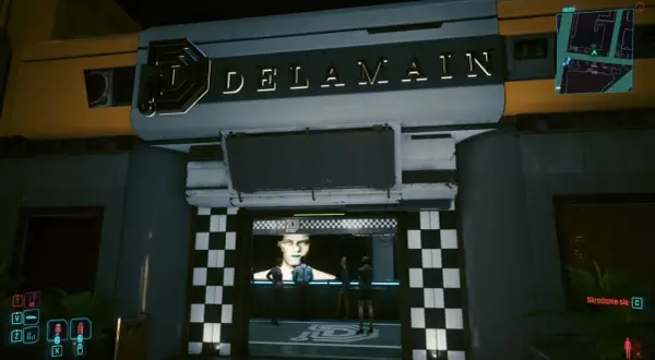 Wejście do Delamain, z neonowym logo i ekranem z twarzą. Czekam na **delamain readmisja**.