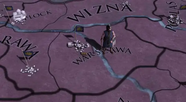 Mapa Europa Universalis 4 z widocznymi nazwami prowincji jak Płock, Rawa, Wizna, Warszawa. Postać w stroju historycznym stoi obok flagi.
