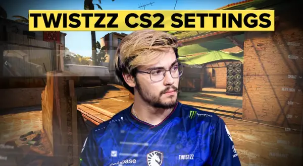 Gracz CS2, Twistzz, w swoim charakterystycznym stroju, z ustawieniami gry widocznymi w tle. Jego celownik, czyli twistzz crosshair, jest kluczowy dla precyzyjnych strzałów.