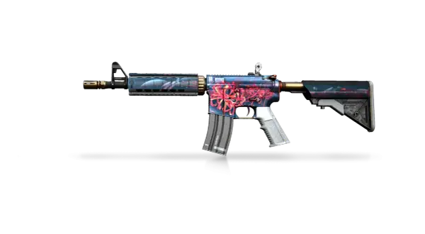 Karabin M4A4 z motywem czerwonych kwiatów i niebieskiego tła, idealny do operacje CS GO.