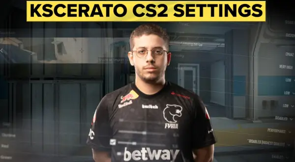 Kscerato CS2 settings z graczem w czarnej koszulce. Widoczne opcje graficzne gry.