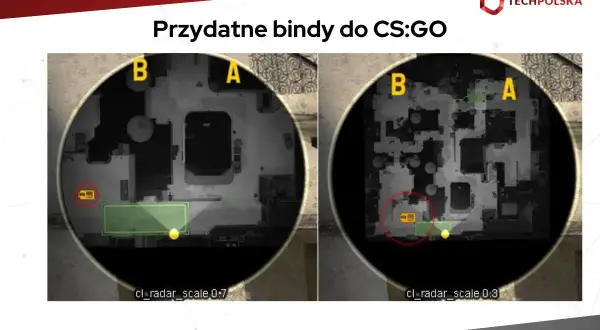 Dwie mapy z zaznaczonymi obszarami, pokazujące przydatne bindy do CS:GO.