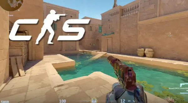 Gracz CS GO z pistoletem w ręku, gotowy do akcji w stylu Overwatch, na mapie Canal.