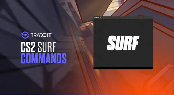 Tradeit prezentuje komendy do CS2 Surf. Na ekranie konsoli widnieje napis SURF.