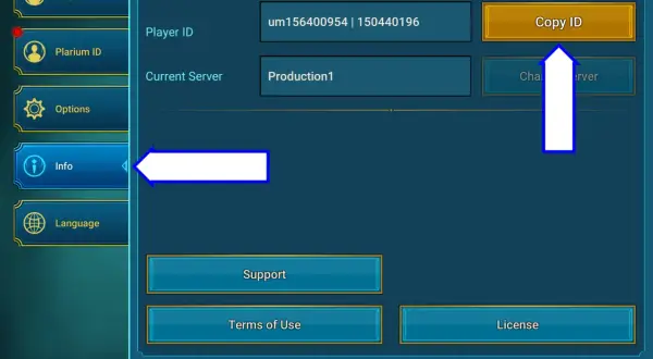 Ekran ustawień gry Raid Shadow Legends. Widoczny jest przycisk "Copy ID", który może być pomocny przy wprowadzaniu raid shadow legends kody.