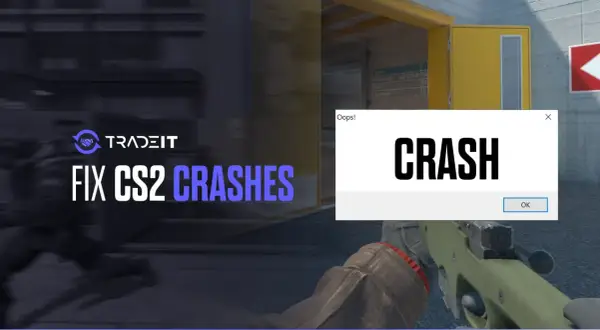 Komunikat "CRASH" na ekranie gry CS2, obok napisu "FIX CS2 CRASHES" i logo Tradeit.