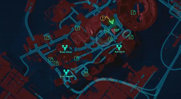 Mapa z gry z zaznaczonymi celami: Ross Ulmer, Ayo Zarin, Dron Arasaka. Wiele ikon zadań i zagrożeń. **Cyberpunk trofea** czekają!