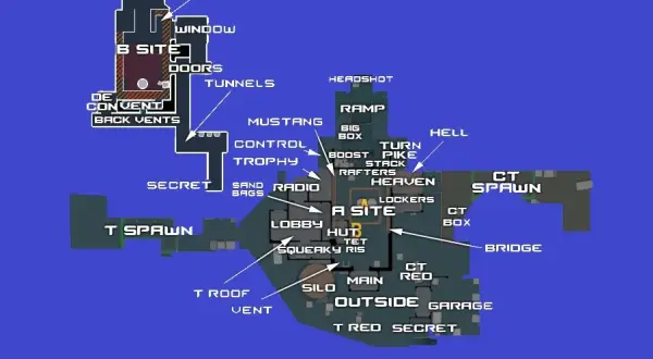 Mapa nuke z zaznaczonymi lokacjami: A Site, B Site, CT Spawn, T Spawn, Ramp, Hell, Garage.
