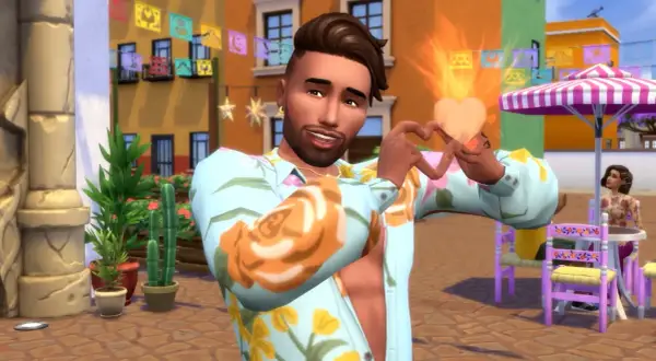 Sympatyczny Sim z gry The Sims 4 tworzy serce z dłoni, emanując miłością i radością.