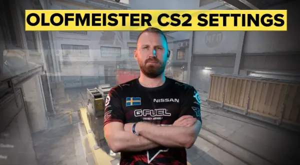 Olofmeister w CS2, prezentuje swoje ustawienia. Widoczny na tle mapy z gry, w koszulce z logo GFUEL i flagą Szwecji.