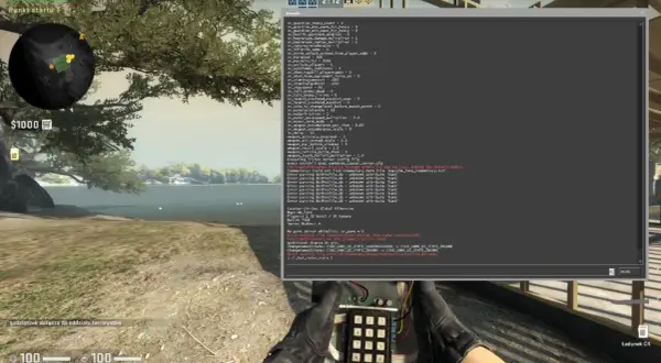Komenda na HP: sv_infinite_ammo 1. Widać konsolę gry z wpisanymi komendami i ładunek C4.