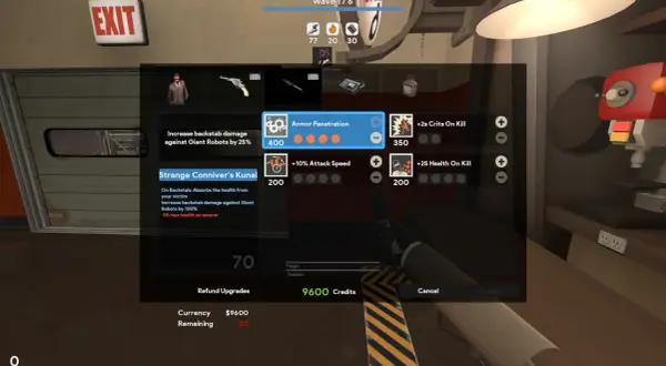 Menu ulepszeń dla postaci Spy z gry TF2. Dostępne są ulepszenia takie jak "Armor Penetration" i "Strange Conniver's Kunai".