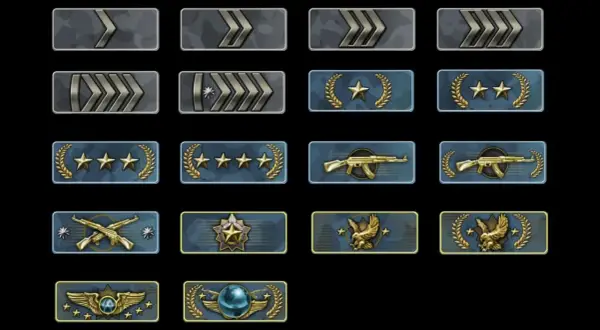 Ikony rang z gry CS:GO. Od najniższych, szarych strzałek, przez gwiazdki i karabiny, po orły i globus. Każdy gracz marzy o zdobyciu najwyższego csgo ranka.