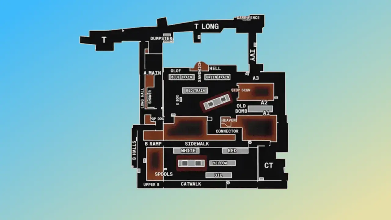 Mapa taktyczna z gry CS:GO, pokazująca rozmieszczenie **miejscówek** na mapie Train. Widoczne są kluczowe punkty jak A Main, B Ramp, T Long.