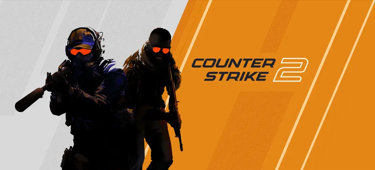 Dwóch żołnierzy w goglach z pomarańczowymi soczewkami, gotowych do akcji. Logo Counter-Strike 2.