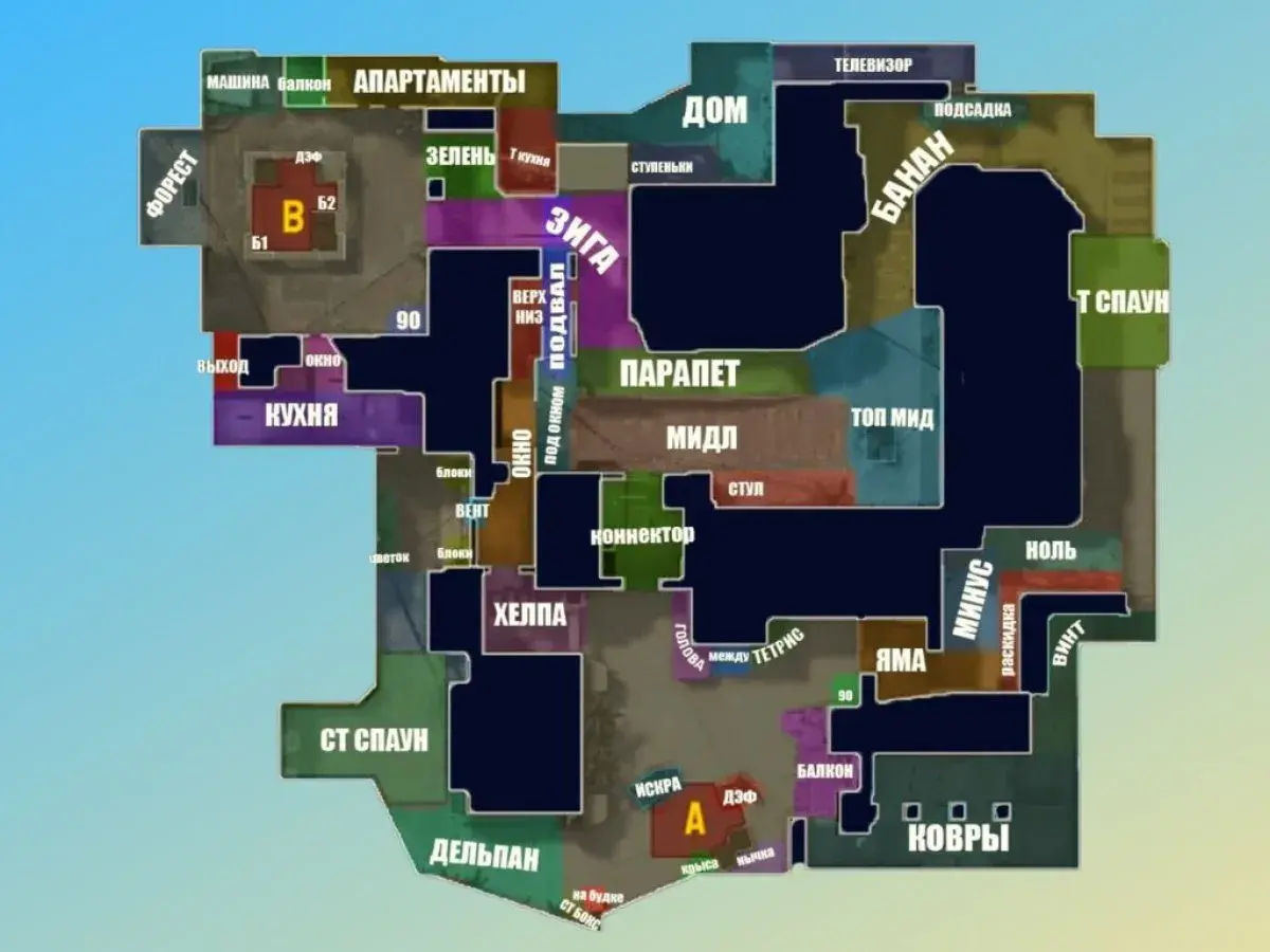 Mapa taktyczna z nazwami miejsc: Dom, Banan, T Spaw, Apartamenty, Forest, Kuchnia, Helpa, Jaskinia, Miraz.