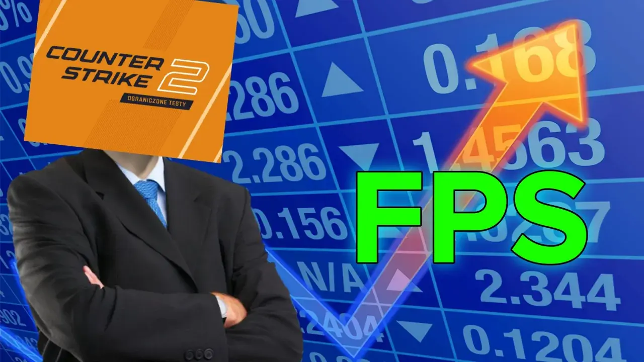 Biznesmen z logo CS2 zamiast głowy, na tle wykresów. Zielony napis "FPS" sugeruje **cs2 fps boost**.