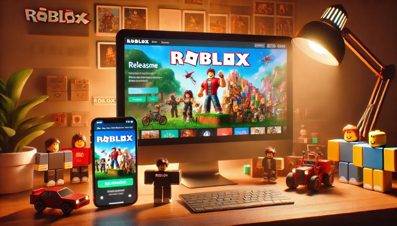Na biurku stoi komputer z ekranem Roblox, obok telefon z tą samą grą. W tle widać logo Roblox i ozdoby. Od kiedy powstał Roblox?