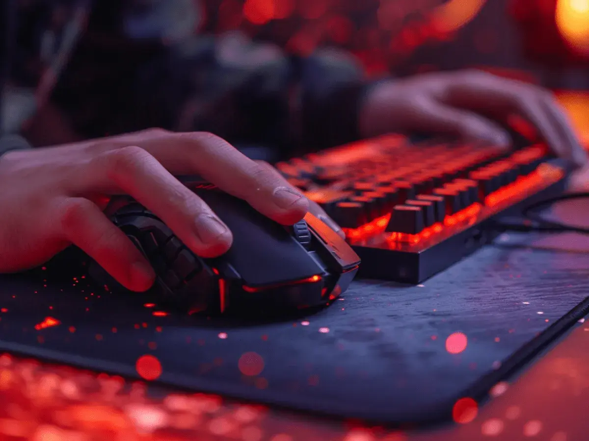 Dłoń gracza na myszce i klawiaturze z podświetleniem RGB. Optymalne spinx settings dla najlepszych wrażeń.