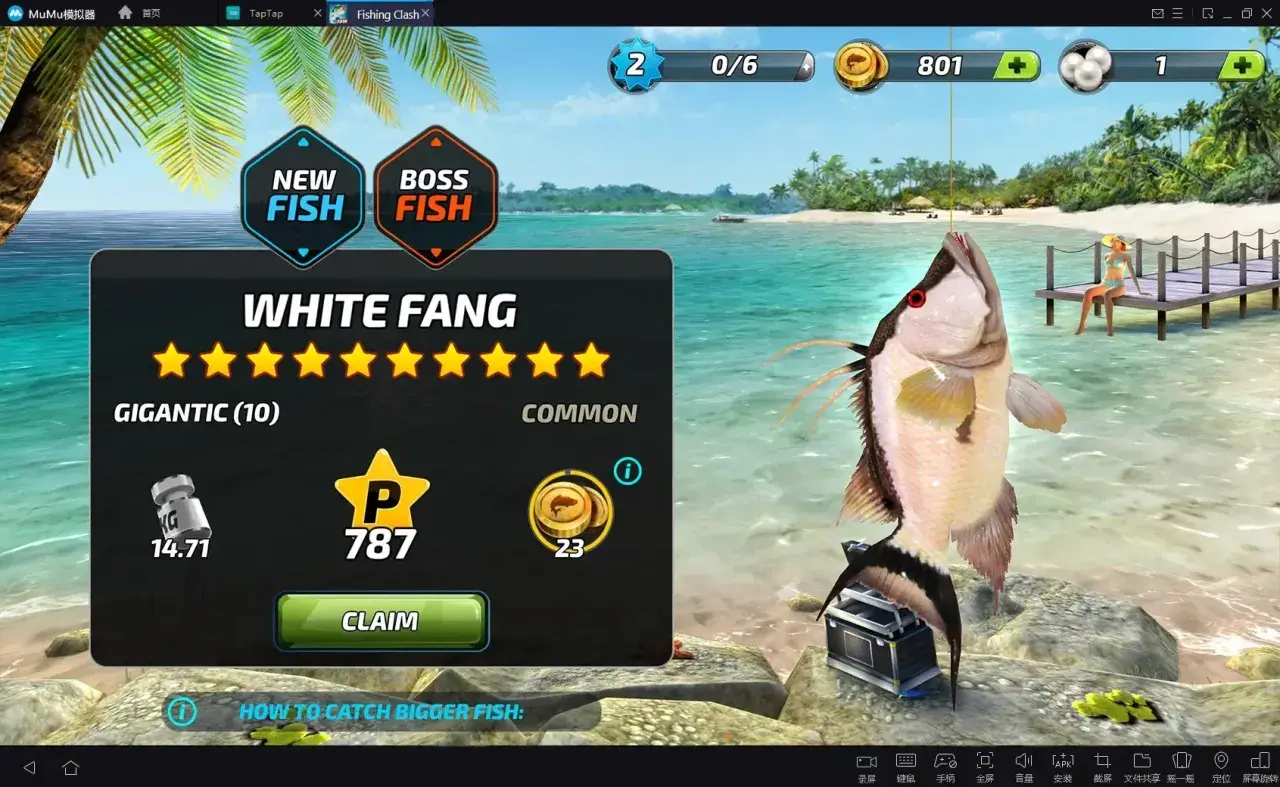 W grze Fishing Clash złowiono rybę White Fang. Gracz zdobył 787 punktów i 23 monety.