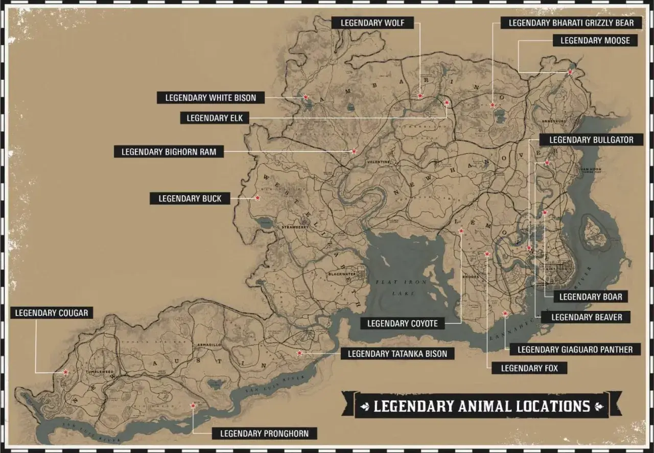 Mapa z zaznaczonymi lokalizacjami legendarnych zwierząt w RDR2: wilk, łoś, niedźwiedź grizzly, bóbr, dzik, puma, kojot, jeleń, bizon, jeleń, muflon, lis, pantera.