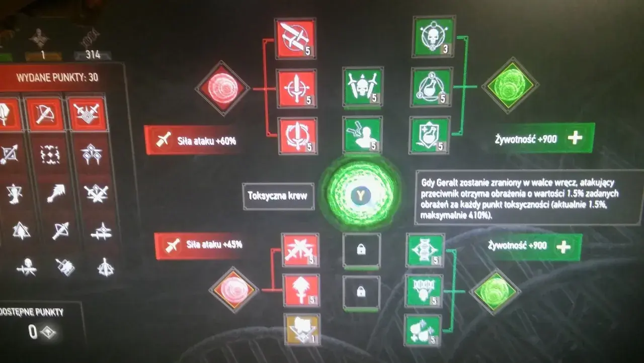 Drzewko umiejętności Wiedźmina 3: siła ataku +60%, toksyczna krew i żywotność +900. To najlepszy build wiedzmin 3 dla gracza.