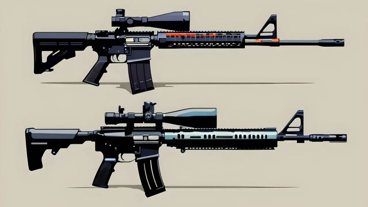 Dwa karabiny z lunetami: górny M4A4 z czerwonymi akcentami, dolny M4A1-S z jaśniejszym przednim chwytem.