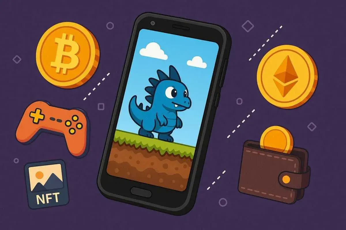 Smartfon z uroczą postacią z gry, obok ikony NFT, kontrolera, portfela z monetami i symboli kryptowalut. To wizualizacja zarabiania na grach.